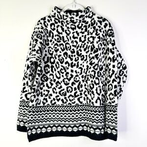 Ann Taylor Sweater Women M Black White Leopard Mock Neck Tunic Boho Cottage